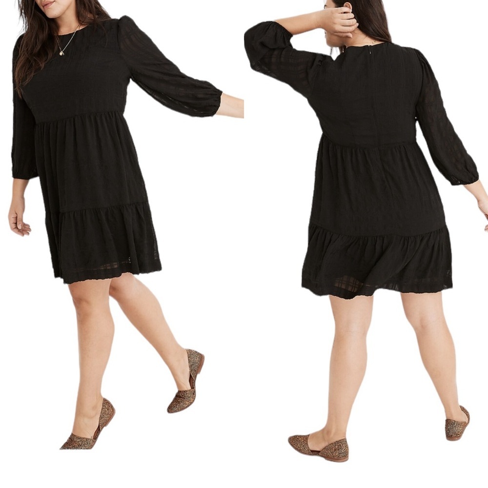 MADEWELL Size 14 NWT Black Puff Sleeve Ruffle Hem Tiered Mini Dress‎ - Picture 11 of 11